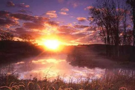 Sunrise over lake with clouds, silhouetted trees, grass; orange and purple reflections on water.